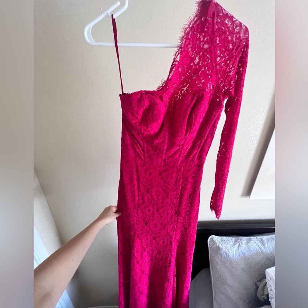 BCBG Magenta One Shoulder Lace Gown